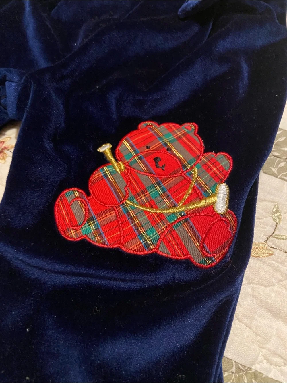 Vintage Blue Velvet Baby Overalls with Plaid Bear Design Size 6-9 Months Unisex